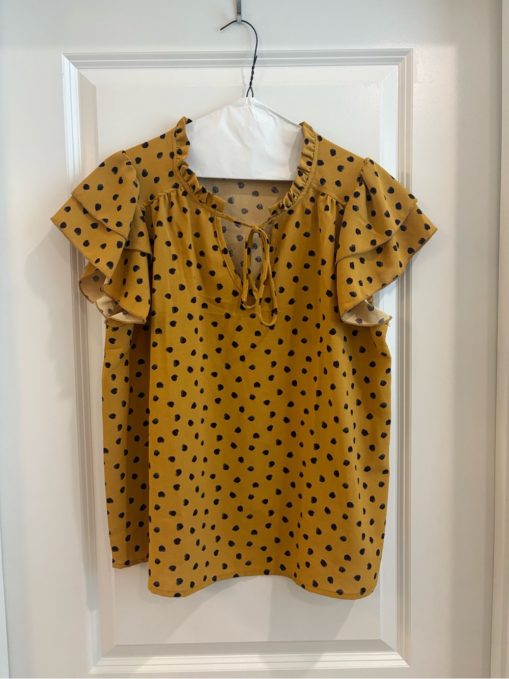 Ruffled Tie-Neck Polka Dot Blouse — Mustard/Black